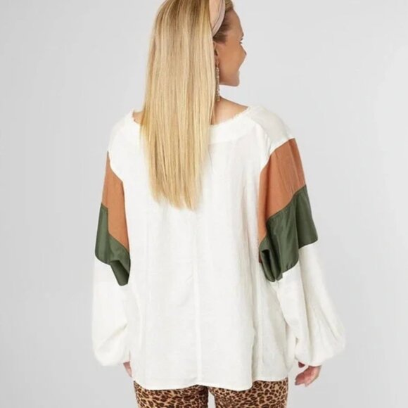 WE THE FREE/FREE PEOPLE Beating Hearts Color Block Linen Blend Oversized Top L - Picture 3 of 15